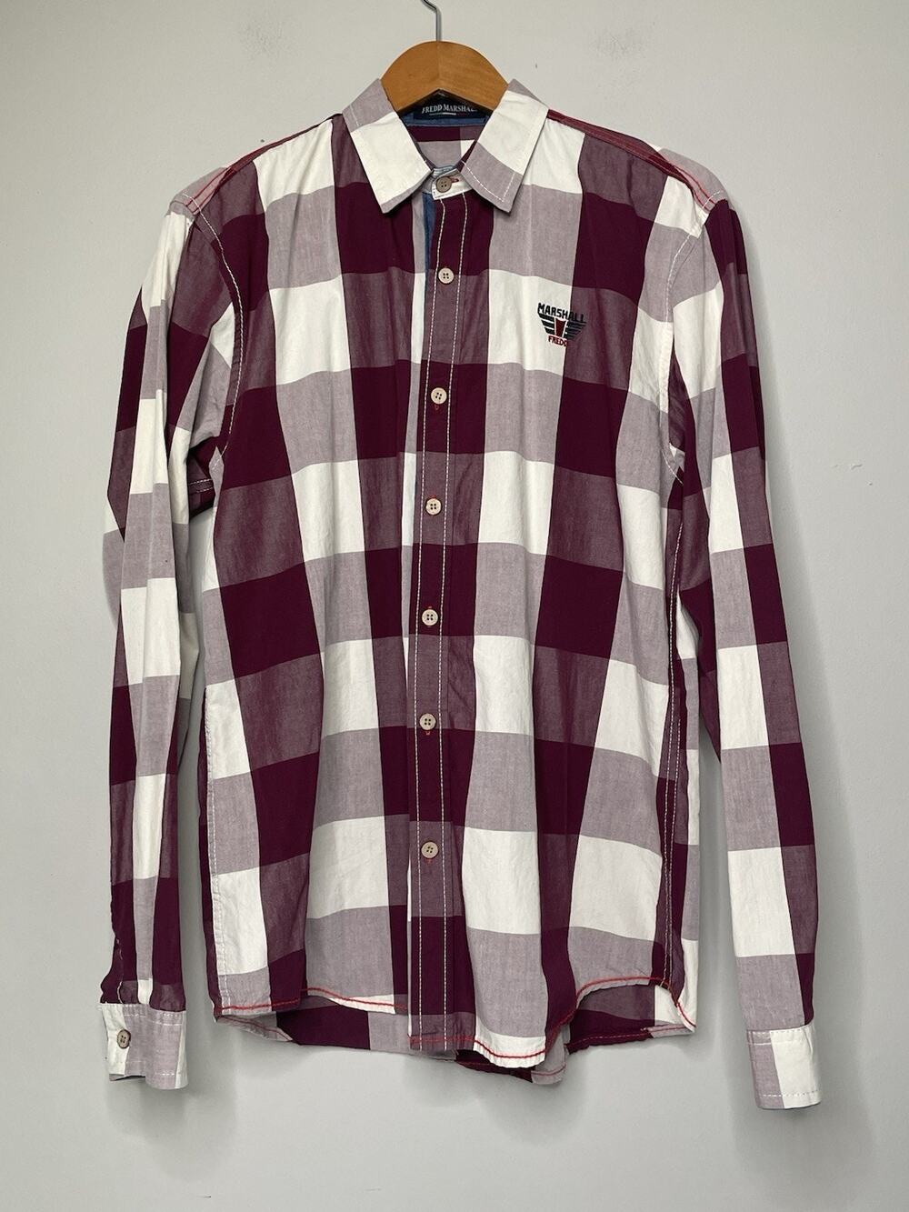 Fred Marshall Plaid Button Front Shirt Mens M Burgundy White Cotton Long Sleeve